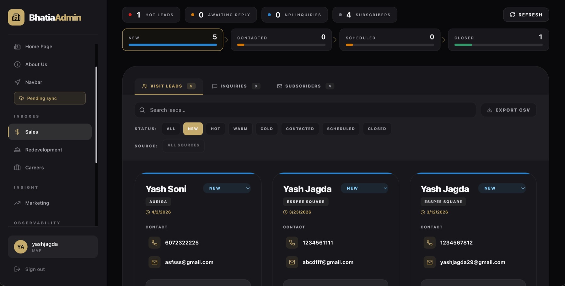 Bhatia Builders sales dashboard — lead inbox with the new / contacted / scheduled / closed pipeline