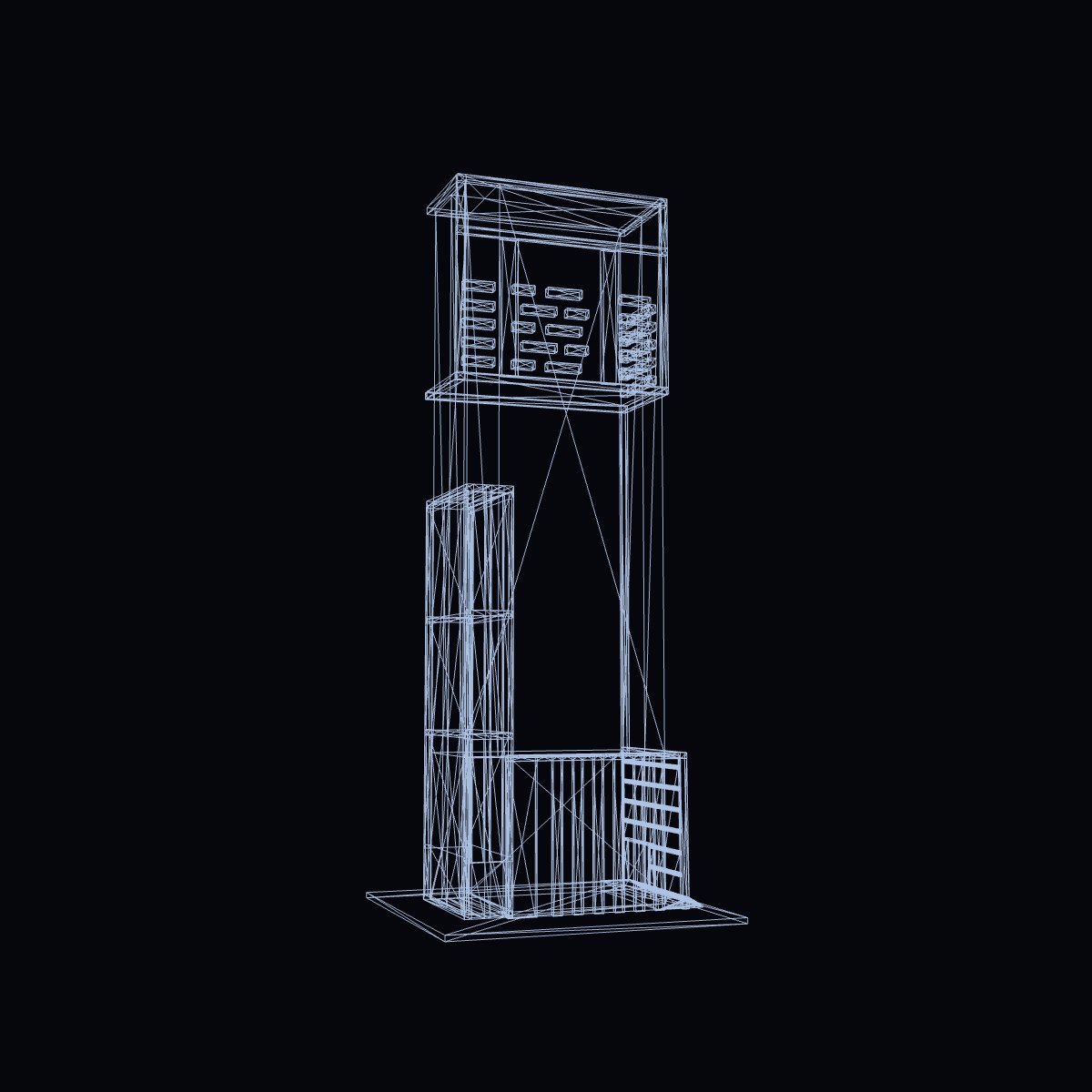 Esspee Square, the Bhatia Builders tower, drawn from its real 3D model: line-work rising into the built render