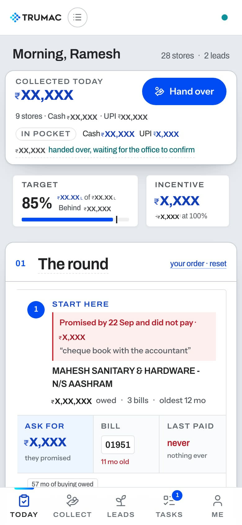 Trumac dashboard on a phone: the salesman’s Today with target, incentive and the round in order, amounts masked
