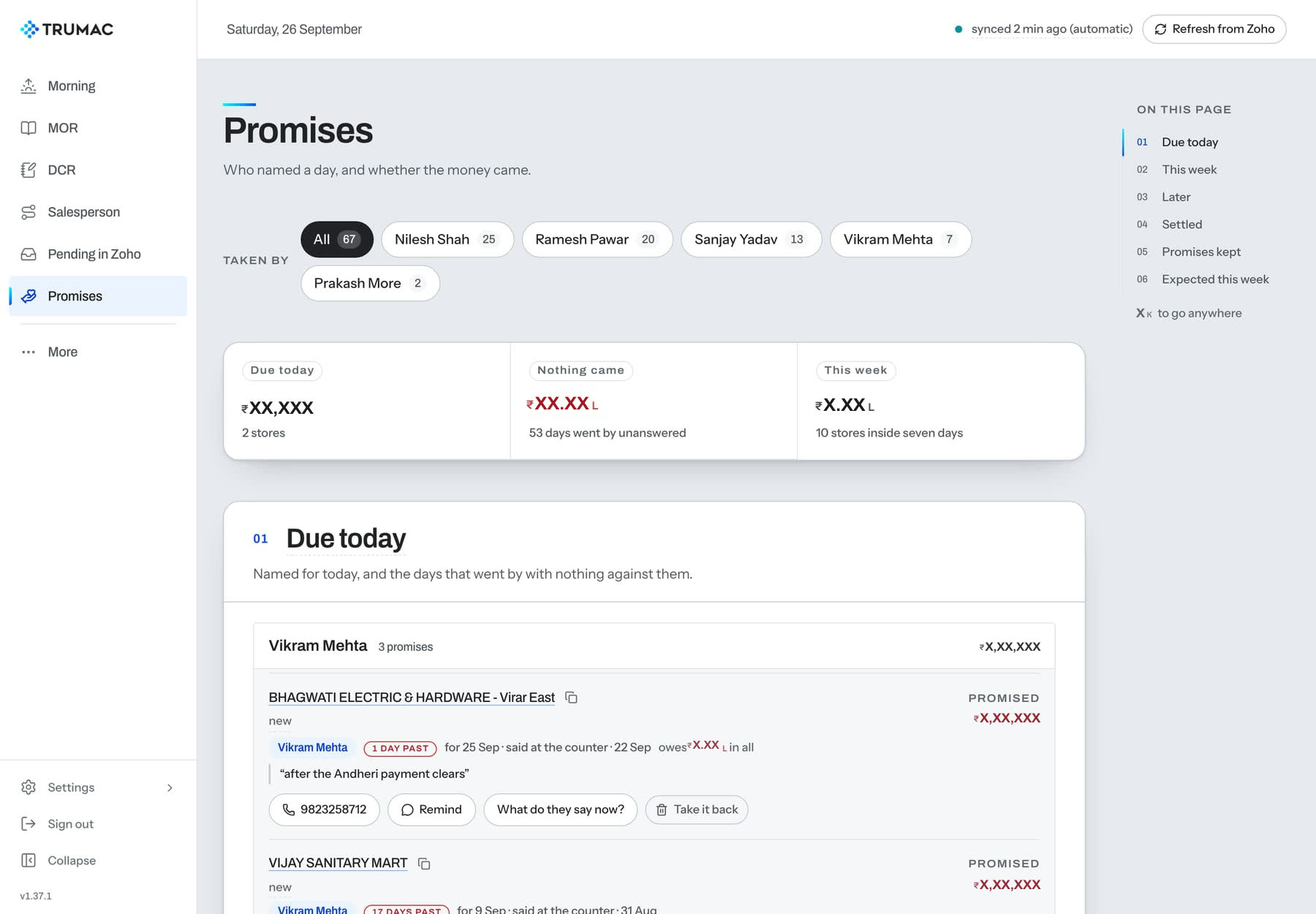 Promises: who named a day and whether the money came, grouped by salesman, amounts masked