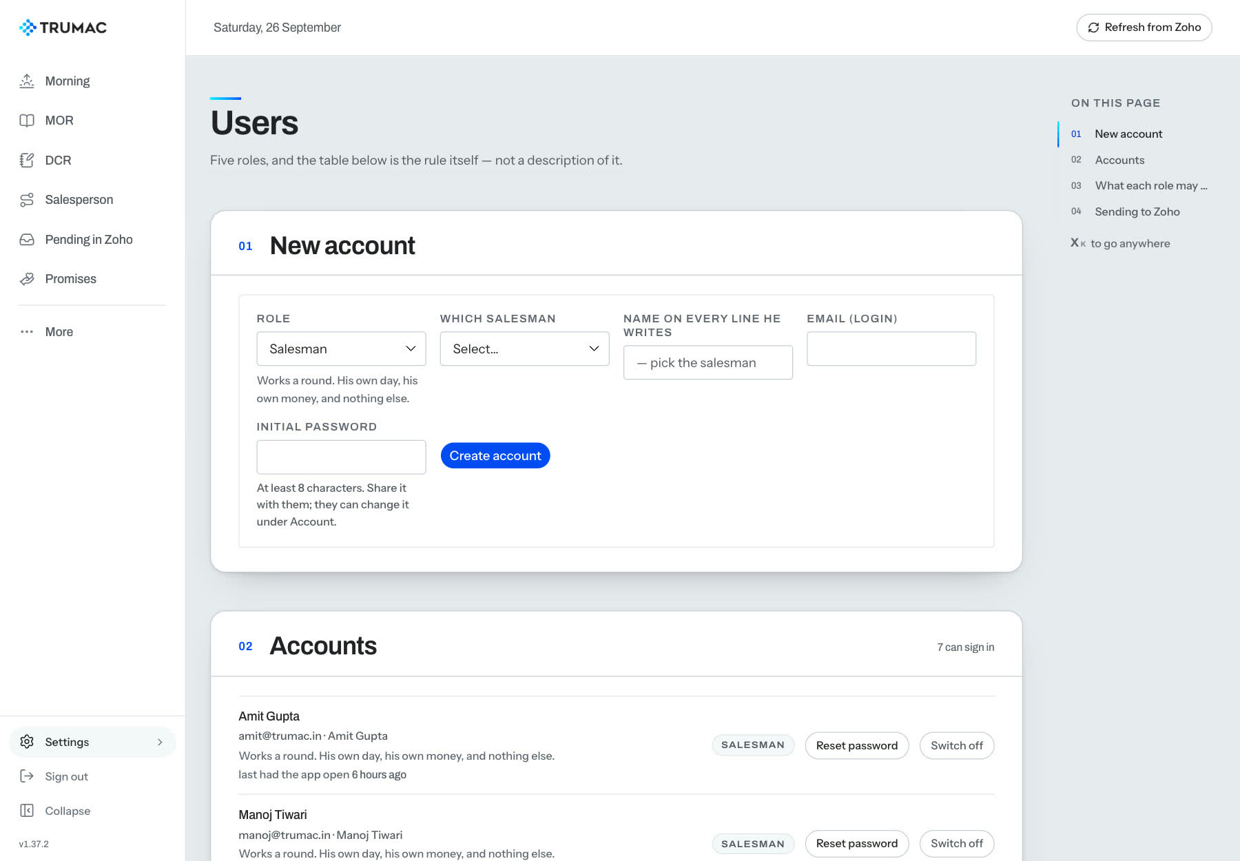 Users: a new account form with role and salesman, and the list of accounts that can sign in