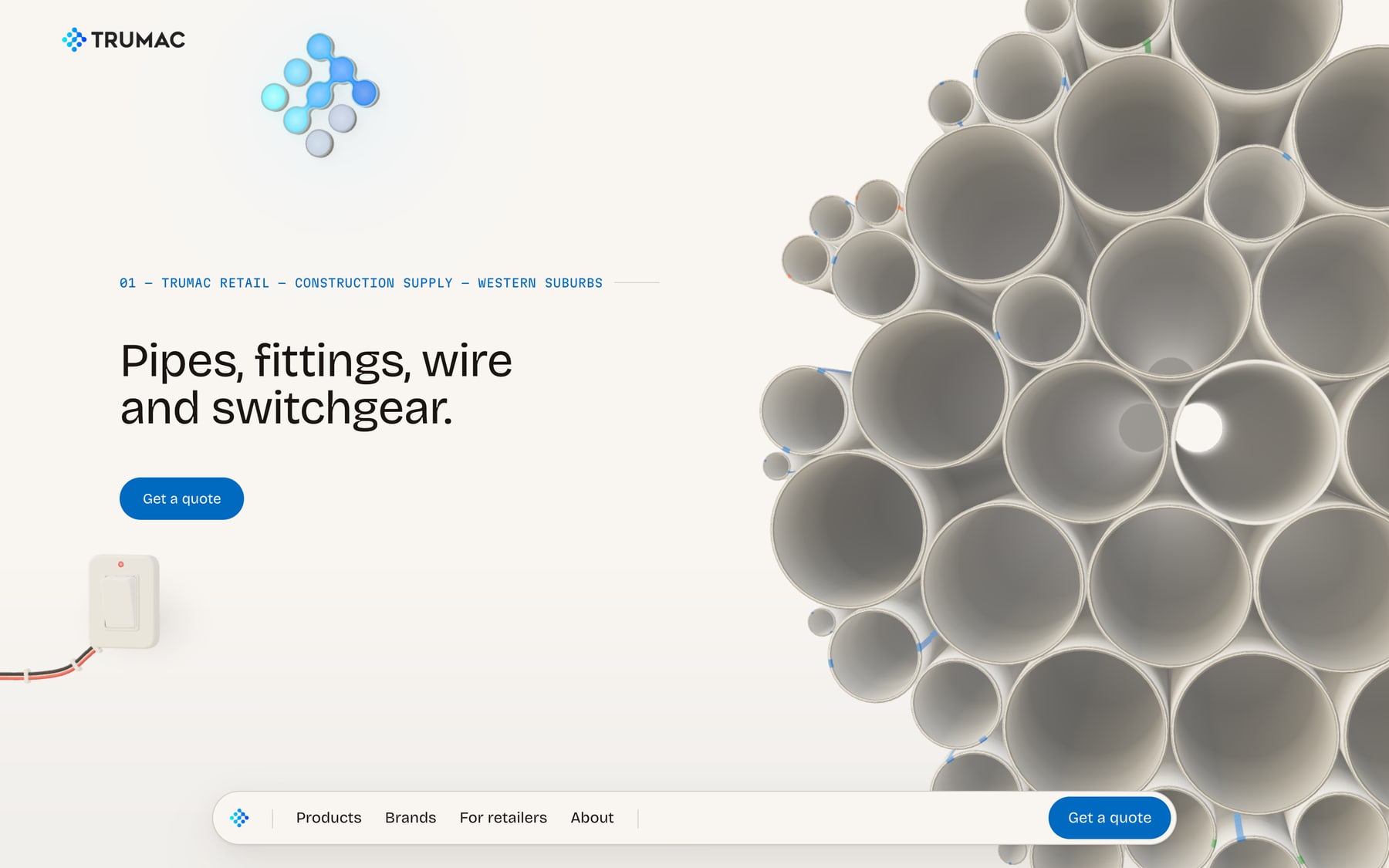 The Trumac website hero: a packed bundle of white uPVC pipes seen end-on, one lit crescent on each ring